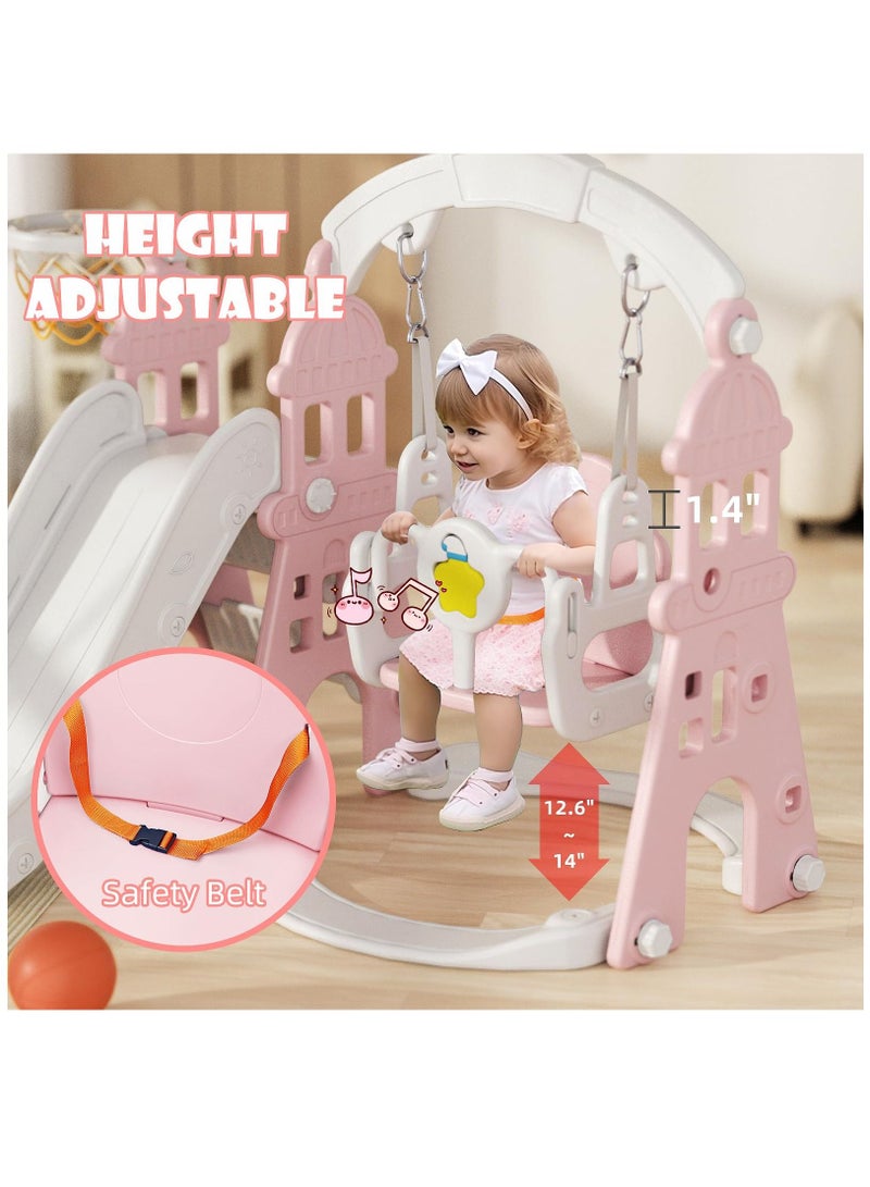 Toddler Slide and Swing Set 4 in 1 Kids Slide with Swing Baby Slide with Basketball Frame and Ball and Extra Long Slide for Boys and Girls Indoor and Outdoor Playground