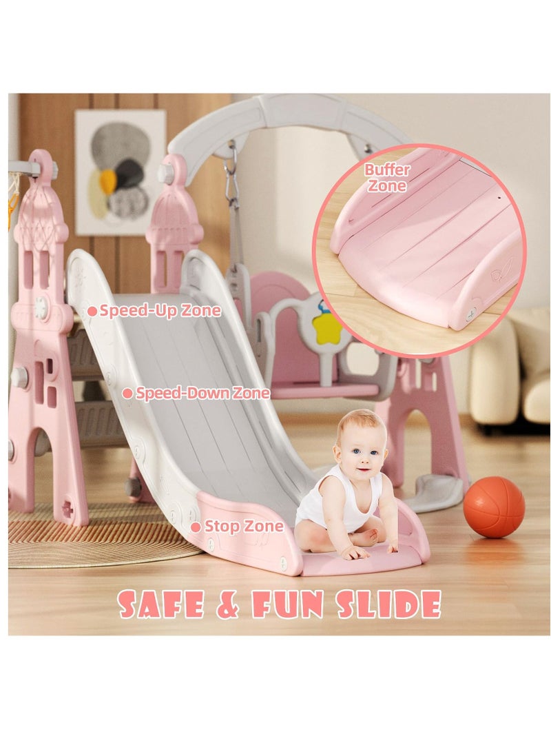 Toddler Slide and Swing Set 4 in 1 Kids Slide with Swing Baby Slide with Basketball Frame and Ball and Extra Long Slide for Boys and Girls Indoor and Outdoor Playground
