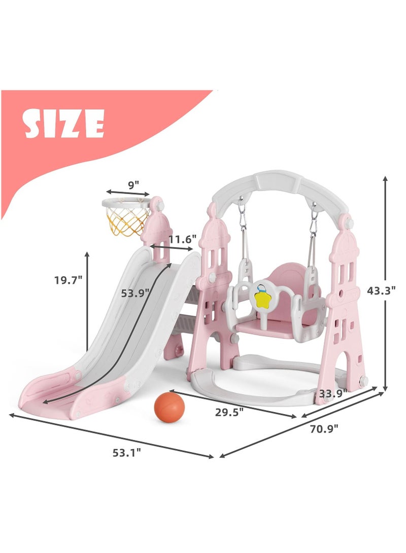 Toddler Slide and Swing Set 4 in 1 Kids Slide with Swing Baby Slide with Basketball Frame and Ball and Extra Long Slide for Boys and Girls Indoor and Outdoor Playground