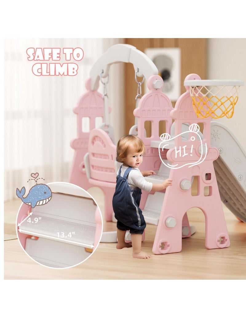 Toddler Slide and Swing Set 4 in 1 Kids Slide with Swing Baby Slide with Basketball Frame and Ball and Extra Long Slide for Boys and Girls Indoor and Outdoor Playground