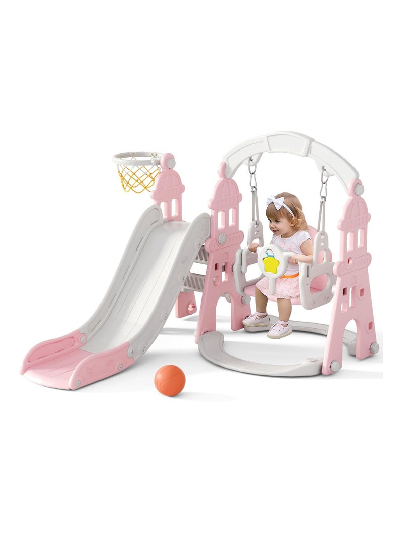 Toddler Slide and Swing Set 4 in 1 Kids Slide with Swing Baby Slide with Basketball Frame and Ball and Extra Long Slide for Boys and Girls Indoor and Outdoor Playground