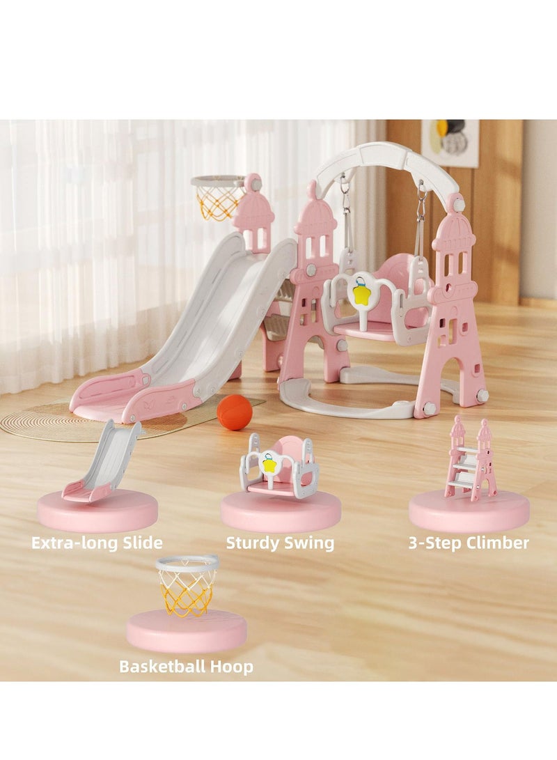 Toddler Slide and Swing Set 4 in 1 Kids Slide with Swing Baby Slide with Basketball Frame and Ball and Extra Long Slide for Boys and Girls Indoor and Outdoor Playground