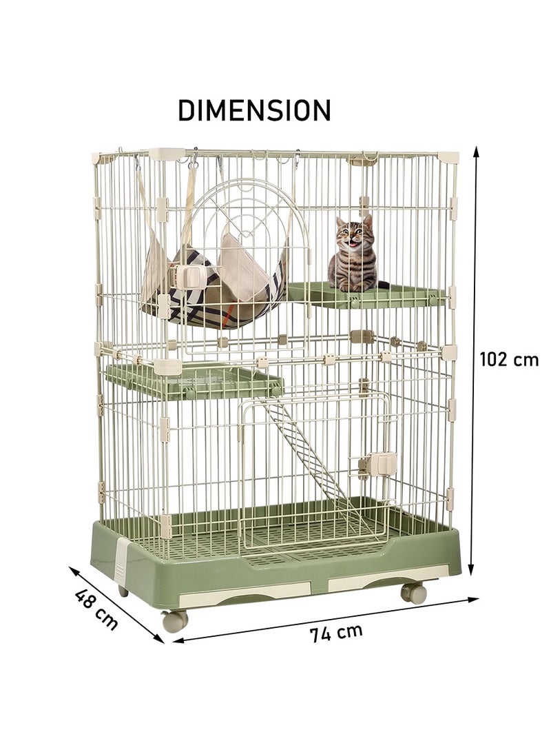 Cat cage playpen, Cat cage with wheels, Large space 108 cm, Green cat cage with 2 Platforms 2 Front Doors 1 Ladders and Hammock, indoor and outdoor cat cage