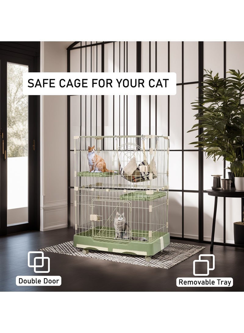 Cat cage playpen, Cat cage with wheels, Large space 108 cm, Green cat cage with 2 Platforms 2 Front Doors 1 Ladders and Hammock, indoor and outdoor cat cage