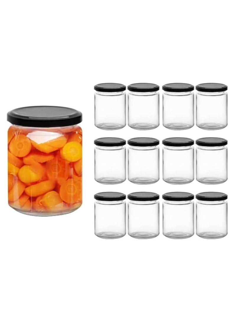 16oz 12pcs Wide Mouth Glass Jars with Black Lids fo Jam, jelly, salsa, loose spices, candles