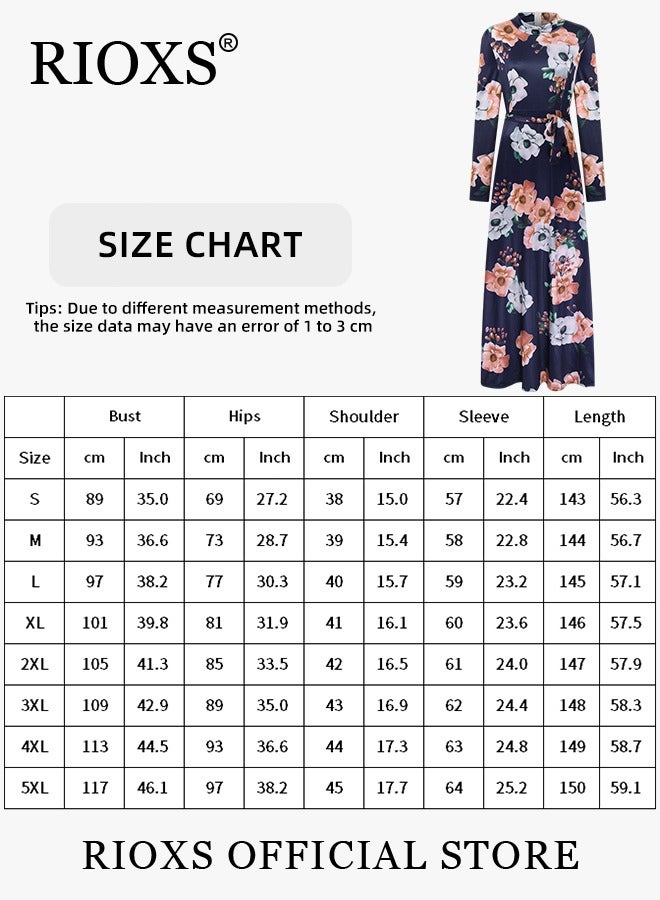 Women's Elegant High Waist Printed Dress Floral Long Sleeve Flowy Maxi Dress