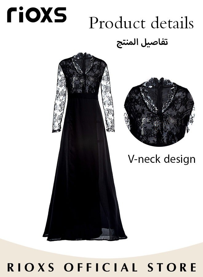 Women's Elegant Lace Long Sleeve Dress Chiffon Maxi Dress Evening Cocktail Dress for Party Wedding Special Occasions