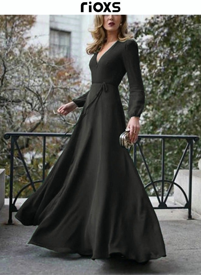 Women's Elegant V-neck Long Sleeve Dress Flowy Belted Maxi Dress for Special Occasions