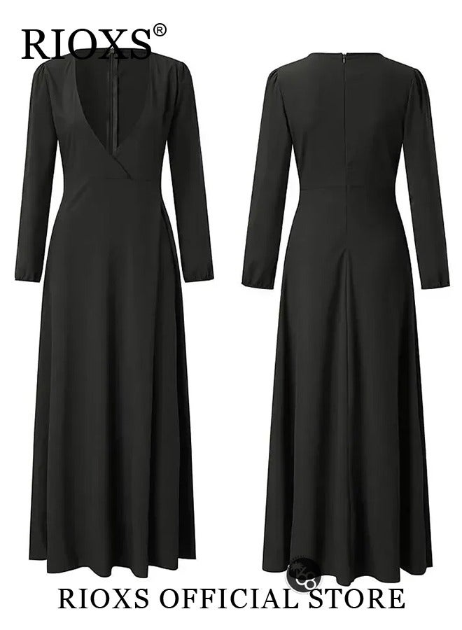 Women's Elegant V-neck Long Sleeve Dress Flowy Belted Maxi Dress for Special Occasions