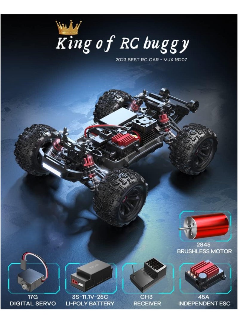 MJX Hyper GO 16207, 62KM/H Remote Control Car with Brushless Motor, RC Buggy Gifts for Adults,Top Speed 4WD 1:16 RC Truck with 3S Battery,Gift for Boy (RTR)