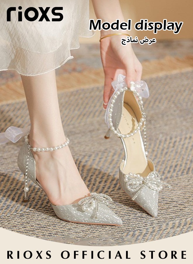 Women's Fashion Rhinestones High Heels Ankle Strap Pointed Closed Toe Chunky High Heel Pump for Wedding Party