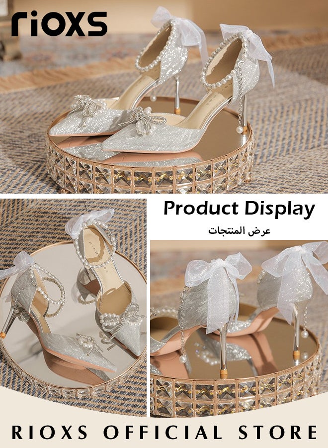 Women's Fashion Rhinestones High Heels Ankle Strap Pointed Closed Toe Chunky High Heel Pump for Wedding Party