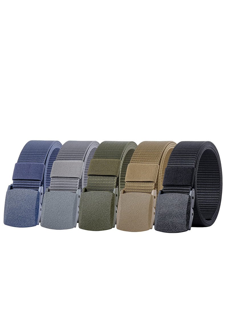 5 Pack Nylon Belts for Men with Webbing Canvas Outdoor Webbing with Plastic Buckle for Men's Father Boys Birthday Gifts (Black, Khaki, Army Green, Navy Blue, Grey)