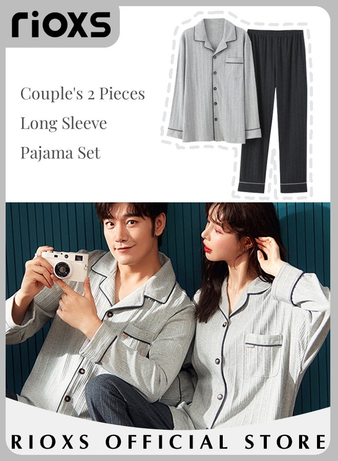 Couples Matching 2 Pieces Long Sleeve Pajamas Soft Cotton Sleepwear Button Down Loungewear V-neck Tops and Straight Loose Pants for Men and Women