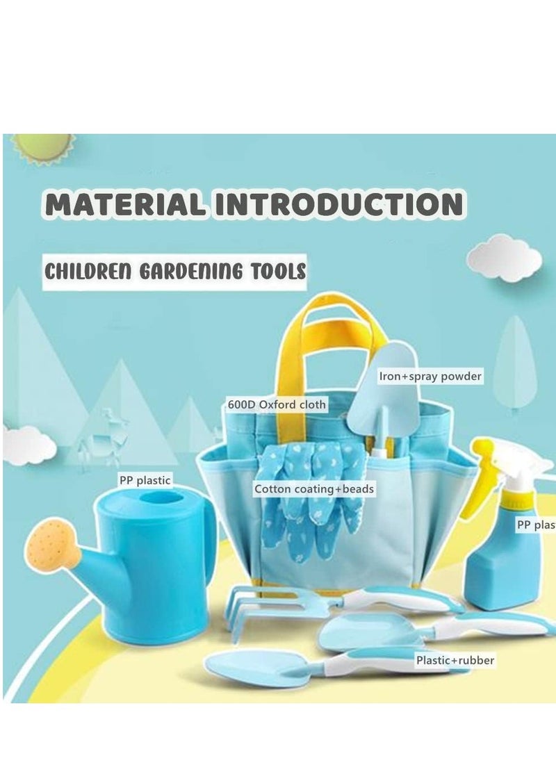 9Pcs Kids Garden Outdoor Tool Set Children's Hand Tools Fun Toys Gift including Shovel Rake Trowel Sprayer Gloves Apron Watering Can with Canvas Tote Bag Gifts for Children