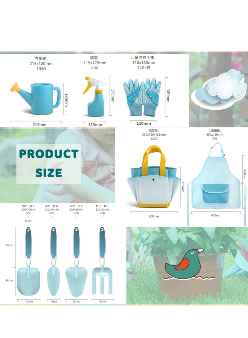 9Pcs Kids Garden Outdoor Tool Set Children's Hand Tools Fun Toys Gift including Shovel Rake Trowel Sprayer Gloves Apron Watering Can with Canvas Tote Bag Gifts for Children