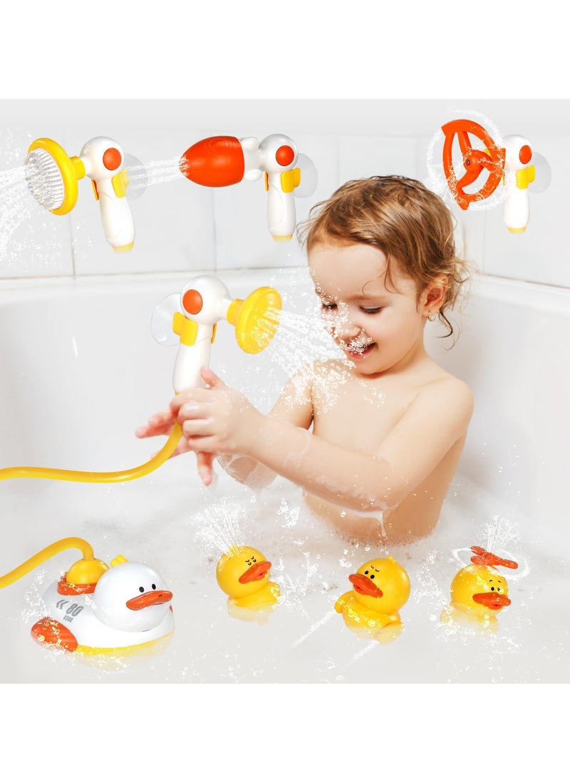 Bathtub Toys for Kids, Multifunctional Toddlers Shower Sprayer, Yellow Duck Bath with 3 Ducks & 4 Water Head