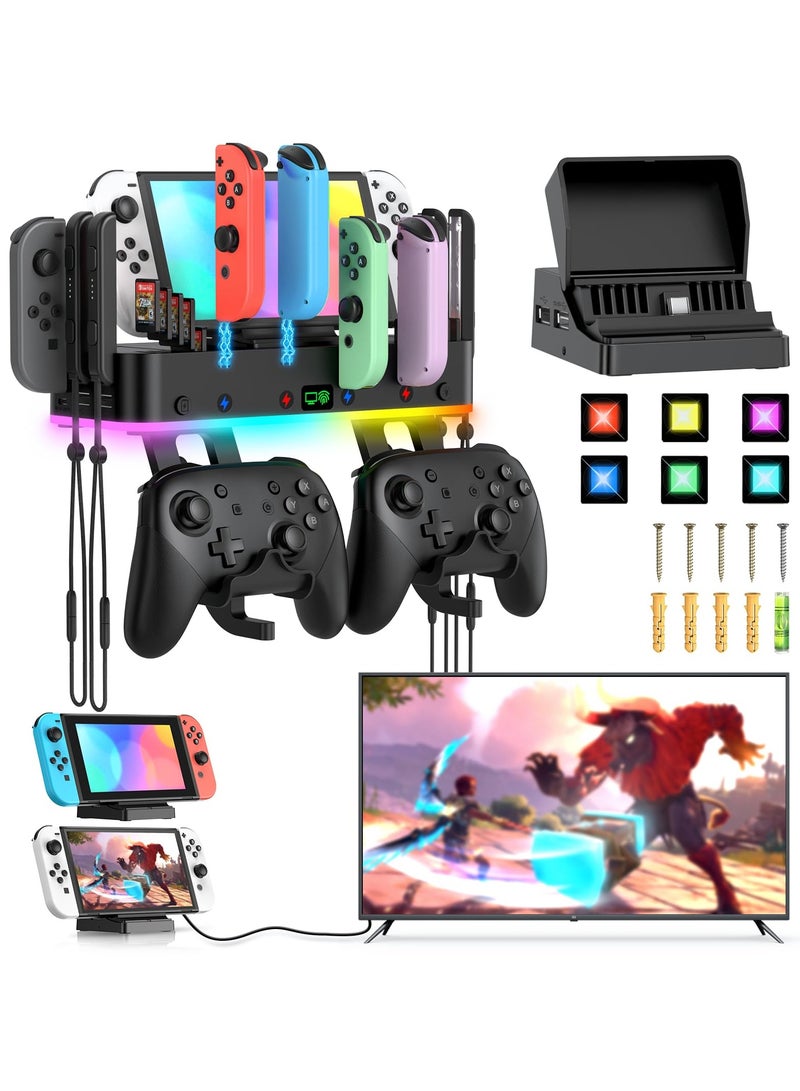 Switch Wall Mount with Charger, Wall Mount Kit Shelf for Nintendo Switch OLED, Controller Charging Dock Base with 15 Light Mode & 4 USB Port, Switch Organizer for 10 Card Slots