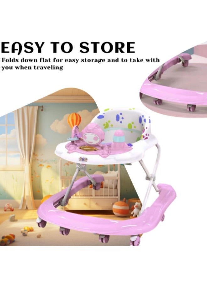 Baby Walker Foldable Adjustable Safety Learning Walker With Music,Pink