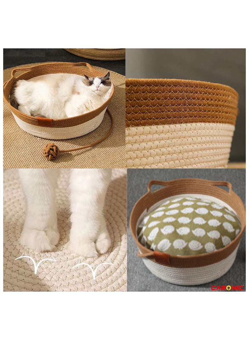 Hand Woven Cat Bed With Toy. Kitten Shaped House Natural Cotton Faux Fur Cat Bed For Cat Comfortable And Soft