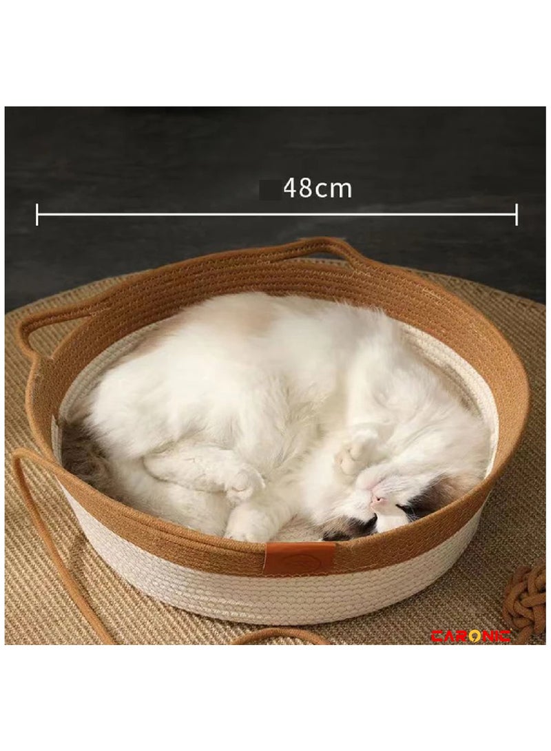 Hand Woven Cat Bed With Toy. Kitten Shaped House Natural Cotton Faux Fur Cat Bed For Cat Comfortable And Soft