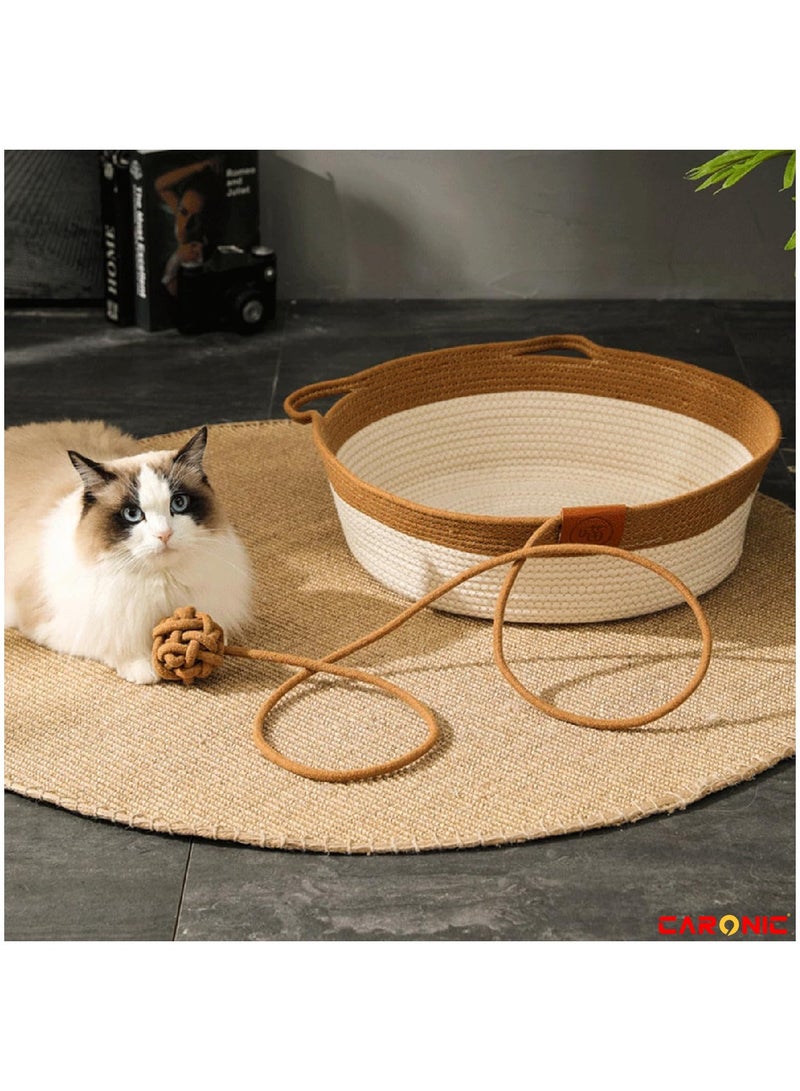 Hand Woven Cat Bed With Toy. Kitten Shaped House Natural Cotton Faux Fur Cat Bed For Cat Comfortable And Soft