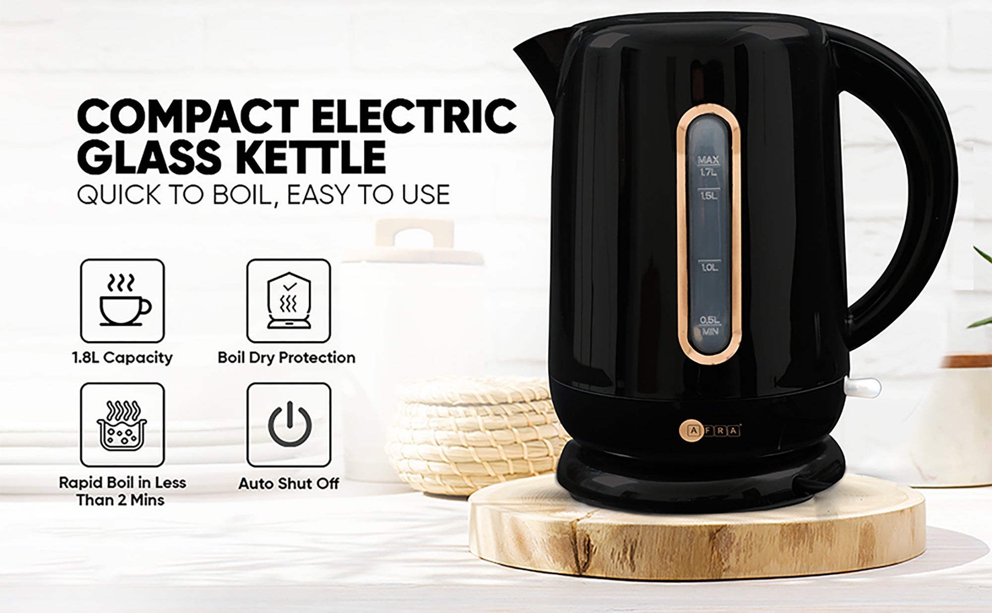 Electric Kettle | 1.7L | 2200W | Strix Control | Boil-Dry & Overheat Protection | Transparent Water Level Indicator | 2-Year Warranty 1.7 L 2200 W AF-201850KTBL Black