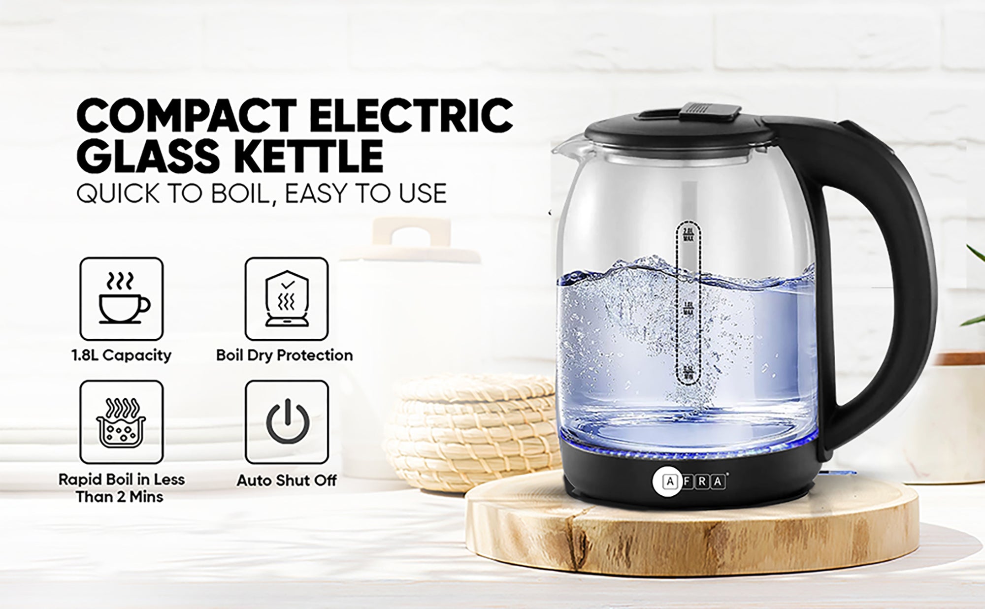Electric Kettle | 1.8L | 1500W | Glass Body | LED Light Indicator | 360° Cordless | Overheat Protection | 2-Year Warranty 1.8 L 1500 W AF-1820KTGL Black/Clear