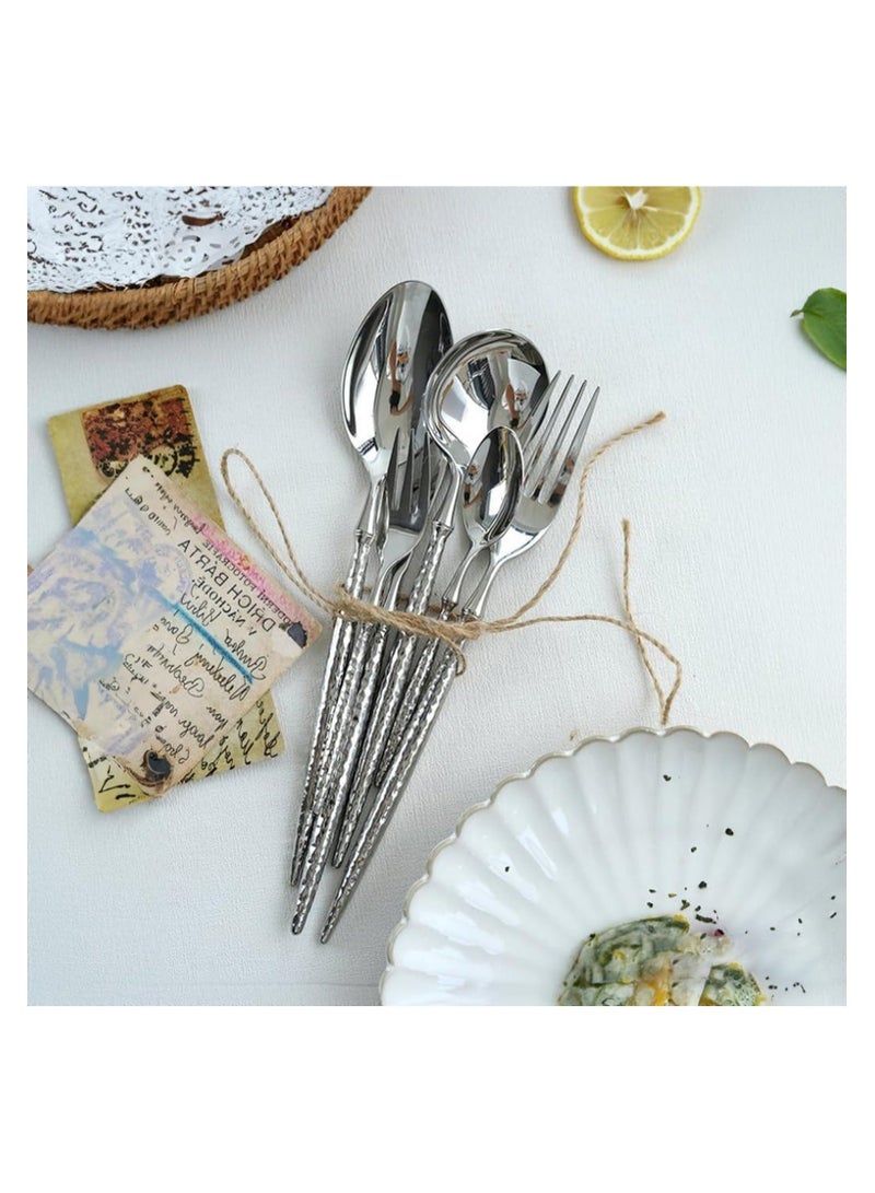 Hammered Silverware Set, 6-Piece Modern Flatware Set Service for 4, Matte Stainless Steel Cutlery Utensil Tableware, Kitchen Knives Forks Spoons Dishwasher Safe