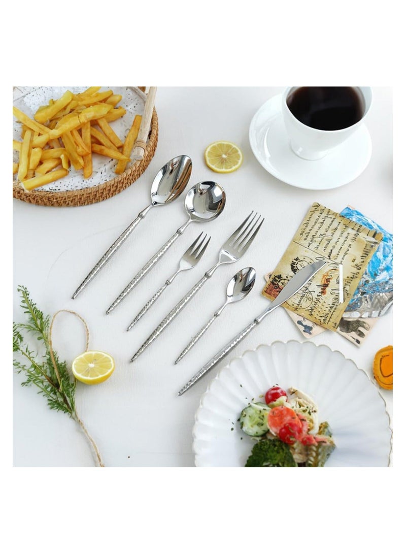 Hammered Silverware Set, 6-Piece Modern Flatware Set Service for 4, Matte Stainless Steel Cutlery Utensil Tableware, Kitchen Knives Forks Spoons Dishwasher Safe