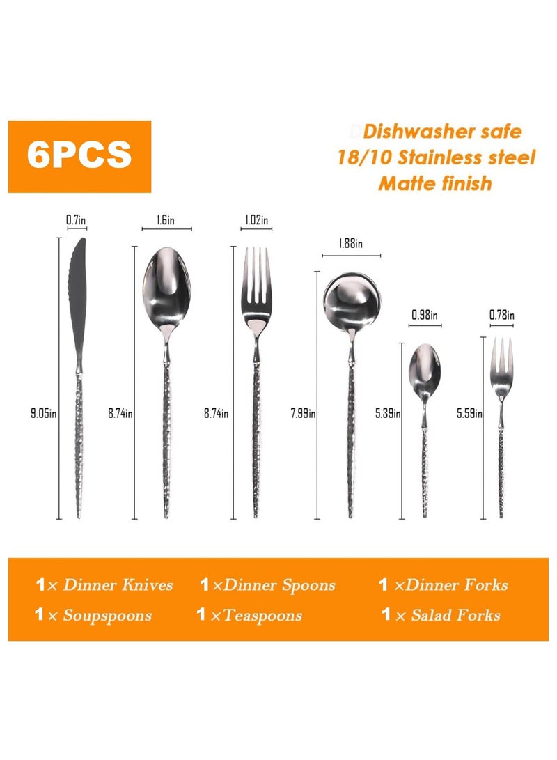 Hammered Silverware Set, 6-Piece Modern Flatware Set Service for 4, Matte Stainless Steel Cutlery Utensil Tableware, Kitchen Knives Forks Spoons Dishwasher Safe