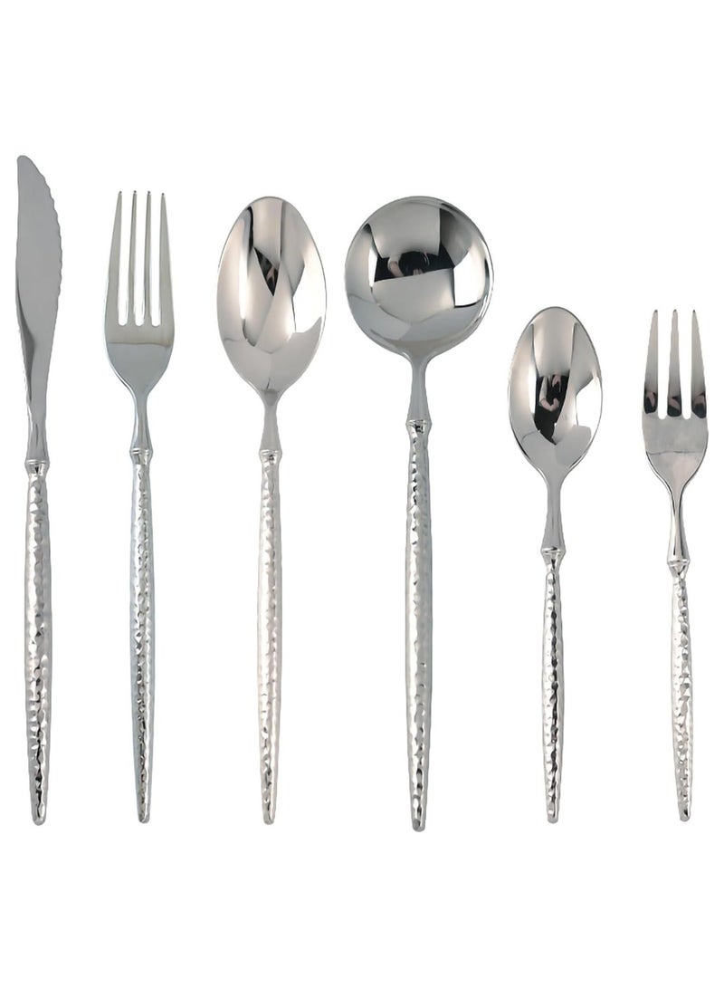 Hammered Silverware Set, 6-Piece Modern Flatware Set Service for 4, Matte Stainless Steel Cutlery Utensil Tableware, Kitchen Knives Forks Spoons Dishwasher Safe