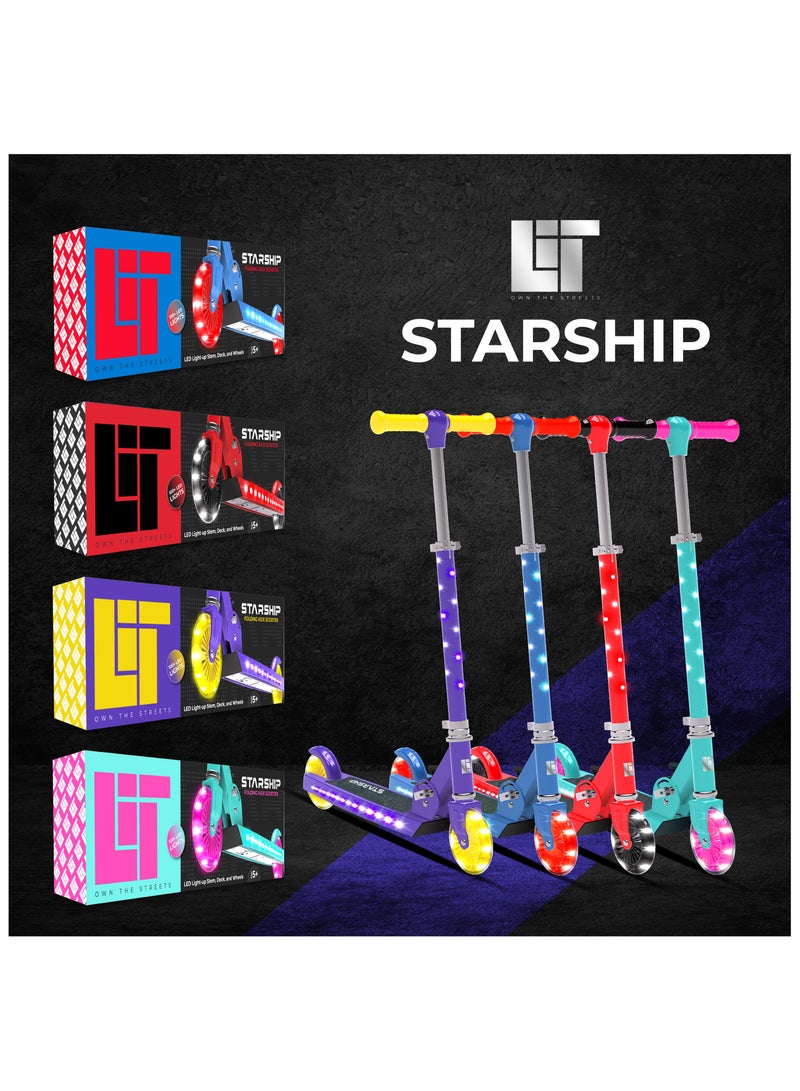 LiT Starship 120mm fun LED Light-Up Kick Scooter for Kids | Featuring LED Stem Deck and Wheels, Foldable Scooter with Adjustable Handlebar Height | Boys Girls available in Turquoise Blue