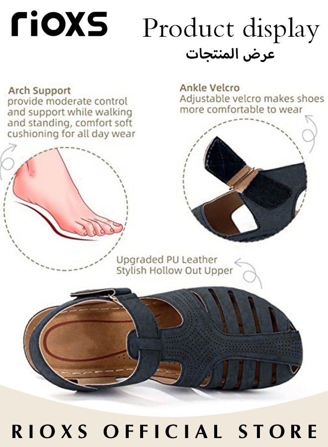 Women's Hollow Roman Wedge Sandals Round Open Toe Sandals Comfortable Buckle Sandals