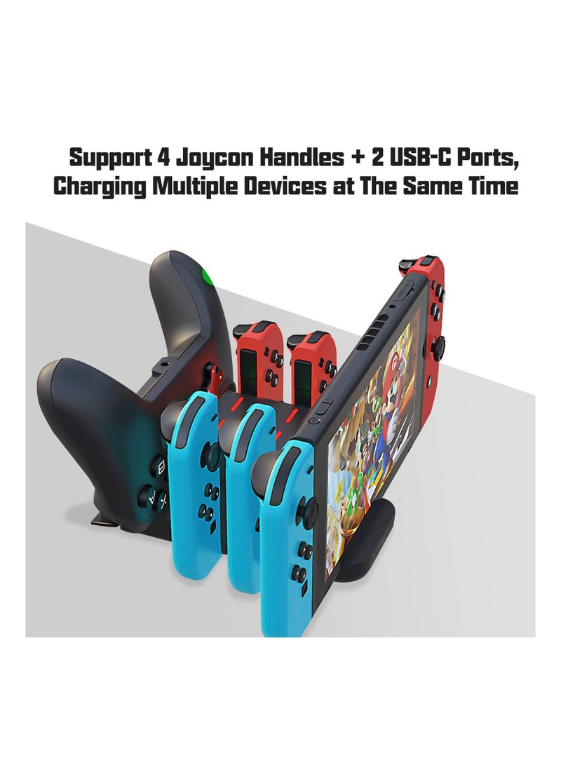 6 in 1 Controller Charger for Nintendo Switch, Type-C USB 2.0 Switch Charging Dock Stand Station for Joy-Con & Controllers, Portable LED Display Charger Docking for Switch