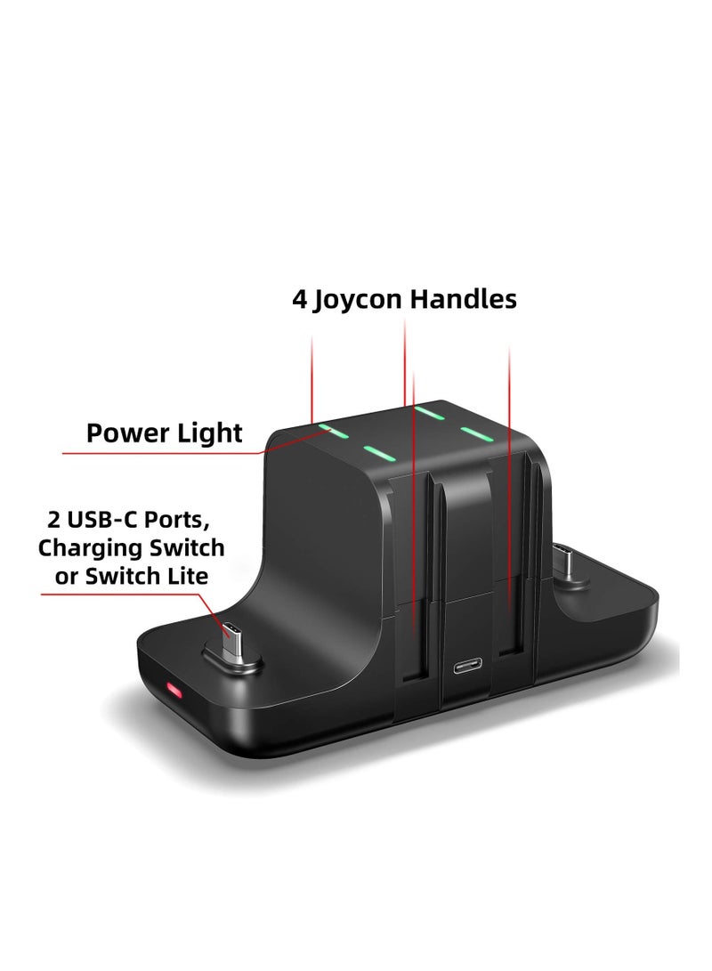 6 in 1 Controller Charger for Nintendo Switch, Type-C USB 2.0 Switch Charging Dock Stand Station for Joy-Con & Controllers, Portable LED Display Charger Docking for Switch