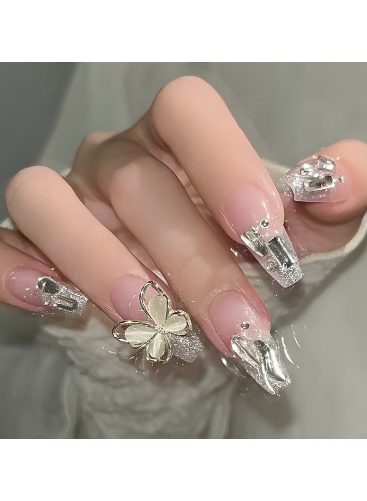 24 Pieces Diamond Butterfly Mid-Length Wearable Nails with Glue