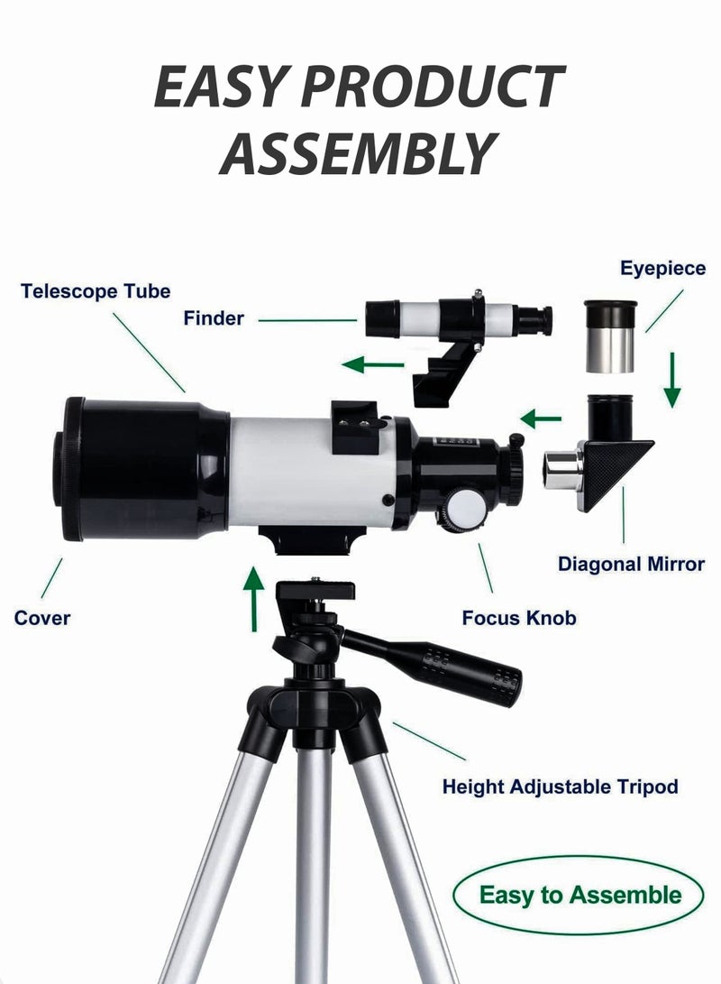 Portable 70mm Aperture 300mm Refractor Telescope for Adults  Kids 15X To 150X for Astronomy Beginners with Height Adjustable Tripod Moon Filter Astronomical Binoculars Monocular F30070M