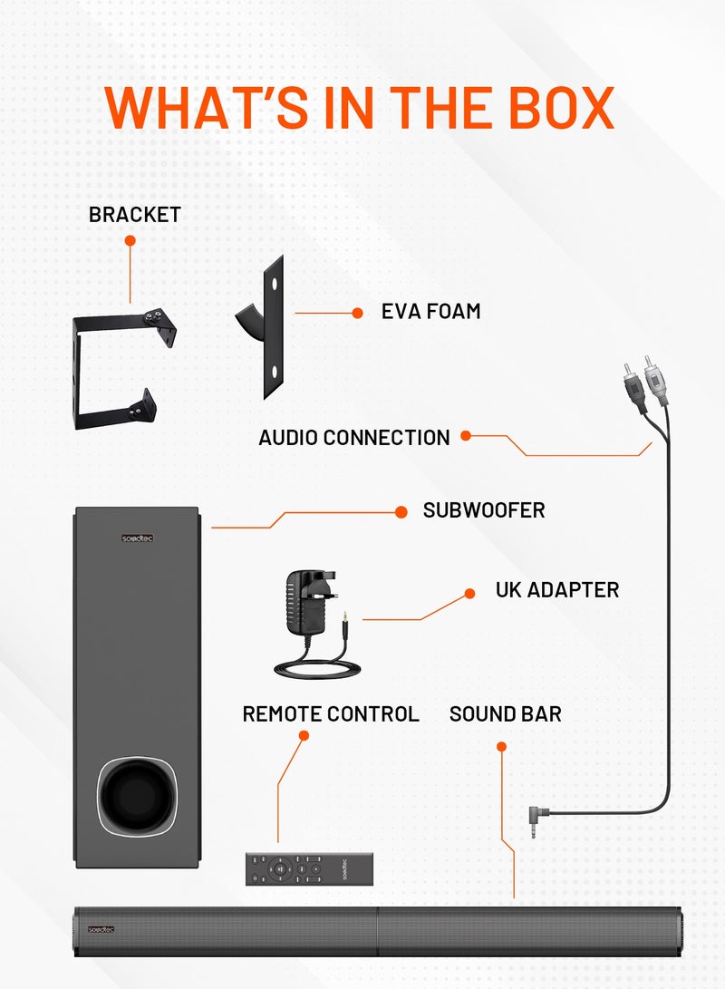 2.1 Soundtec Channel Soundbar, Smart Detachable Design, 100W Powerful Sound, 10m Bluetooth Range, Powerful Bass, 5.25