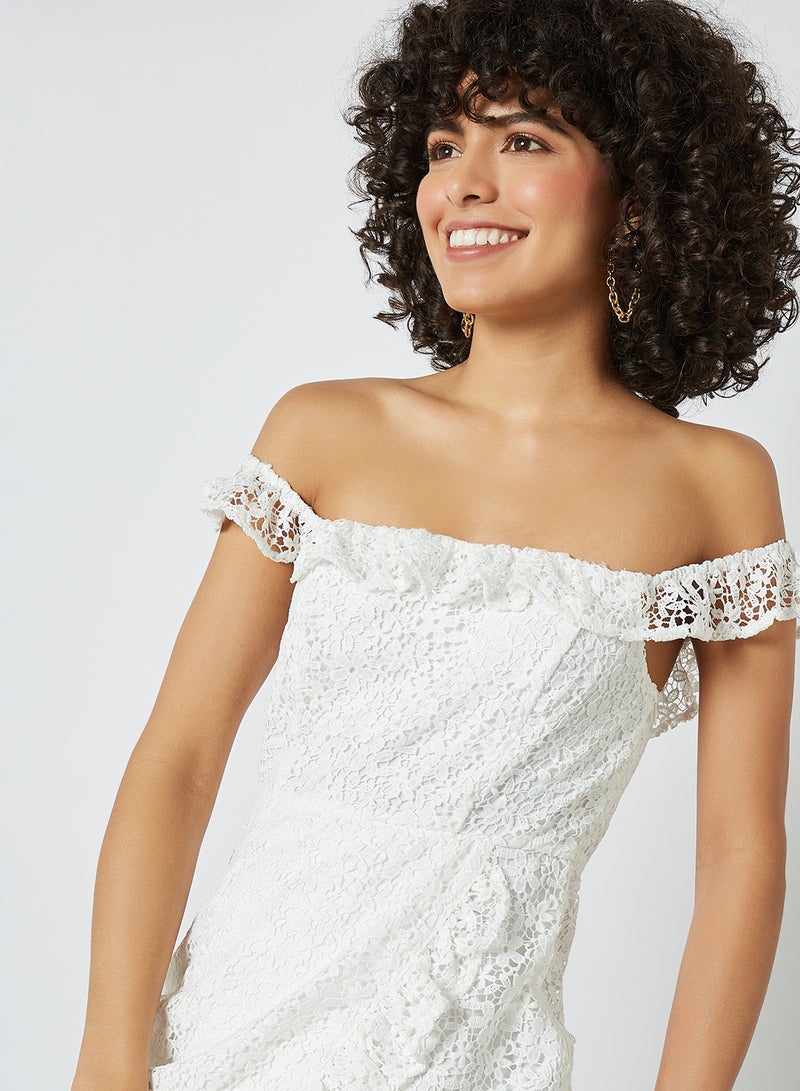 Off Shoulder Overlap Lace Dress White
