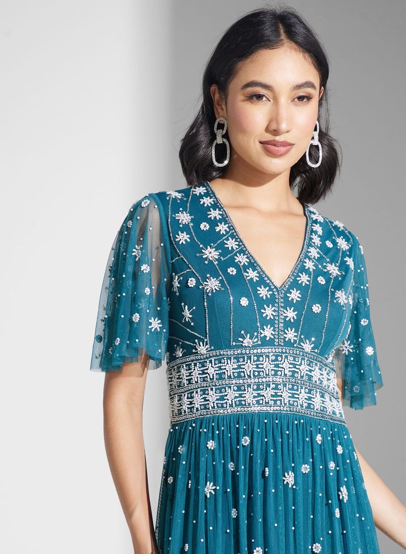 Embroidered Tulle Gown Dress