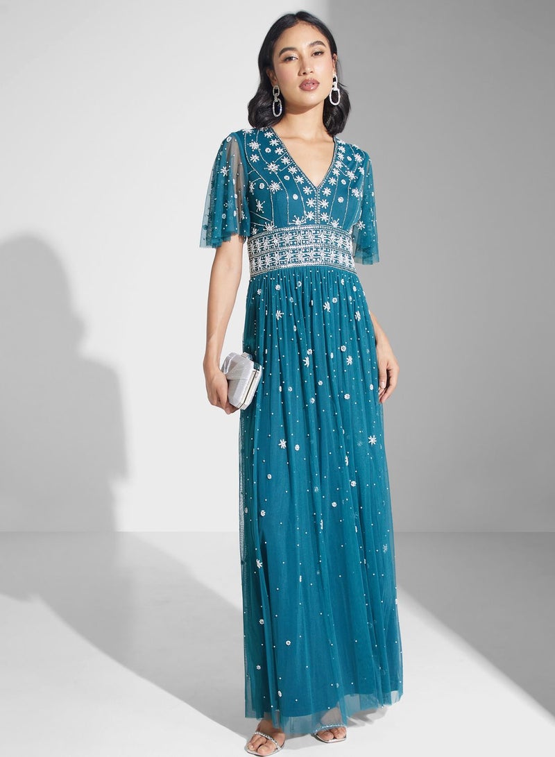 Embroidered Tulle Gown Dress