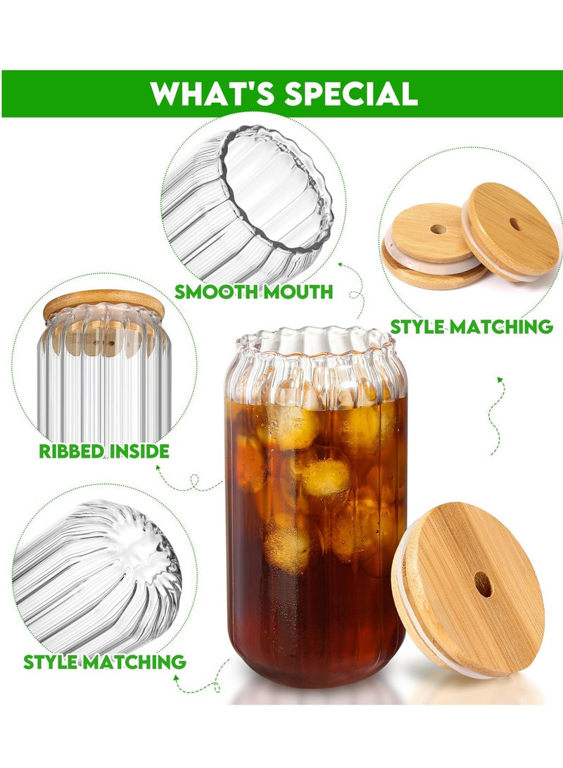 Glass Cups with Lids and Straws, Iced Coffee Cups, 400ML Drinking Glasses Set of 4, Glass Tumbler with Straw and Lid New Ribbed Design for Coffee Bar Accessories