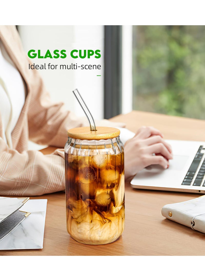 Glass Cups with Lids and Straws, Iced Coffee Cups, 400ML Drinking Glasses Set of 4, Glass Tumbler with Straw and Lid New Ribbed Design for Coffee Bar Accessories