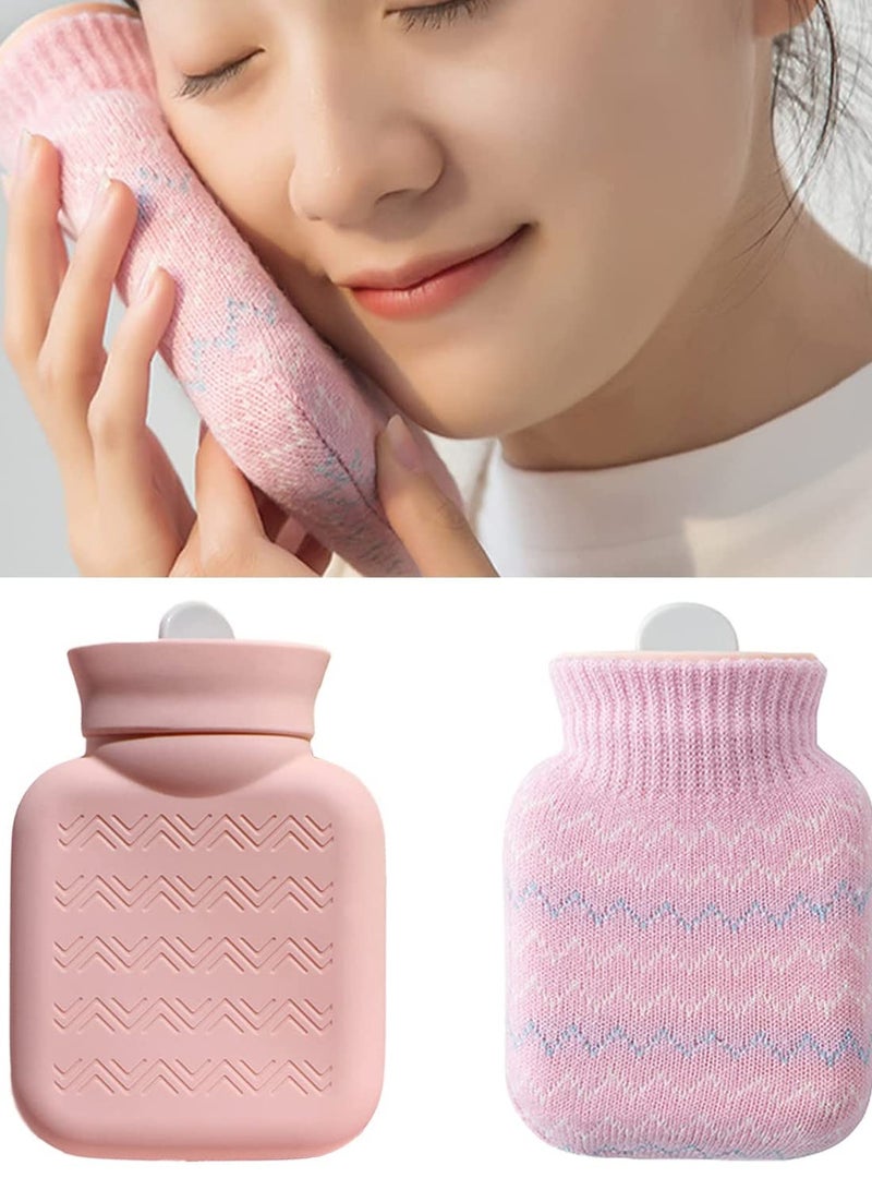 Hot Water Bottle with Soft Cover Small Lovely and Reusable Bottles Hand Warmers Portable Removeable Washable Knit Covers