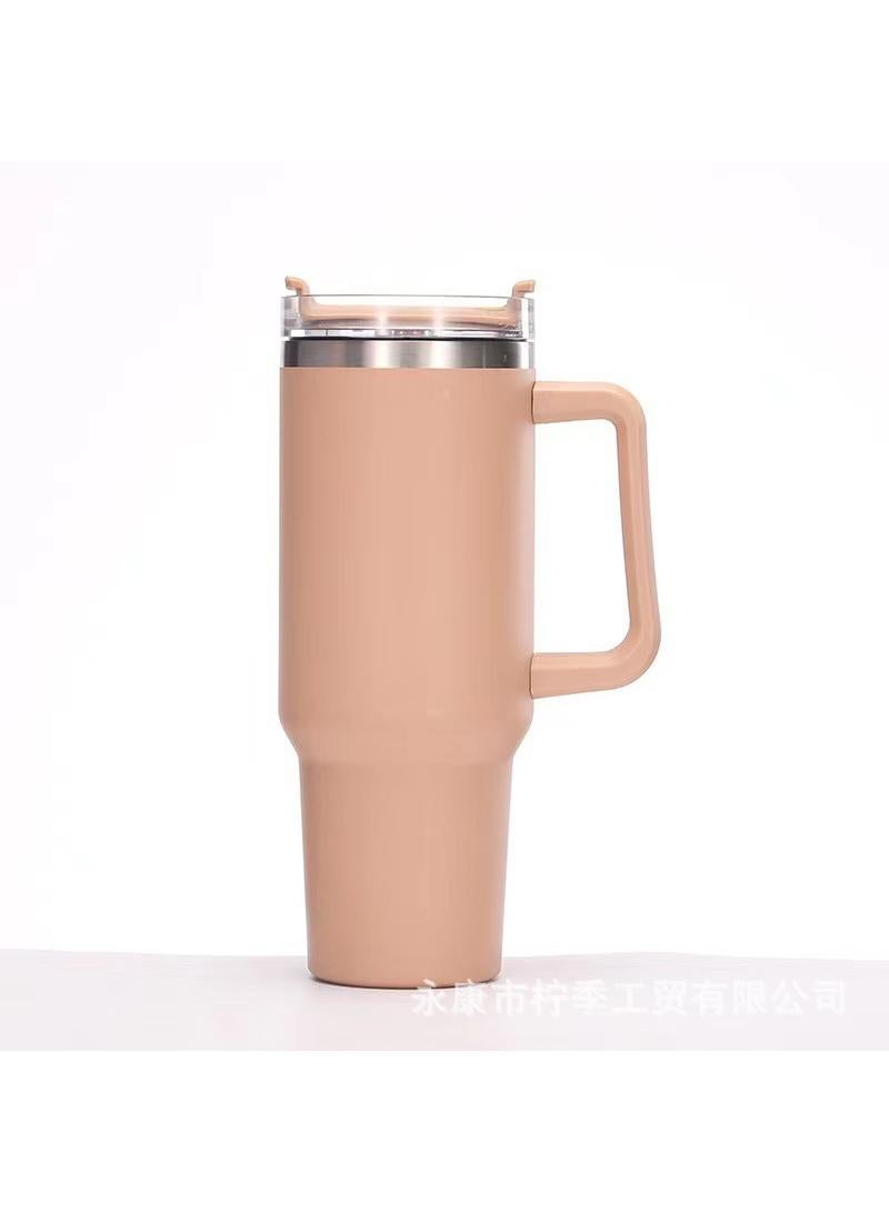 Large Capacity Thermos Cup 304 Stainless Steel Cup with Straw and Handle Khaki 40OZ
