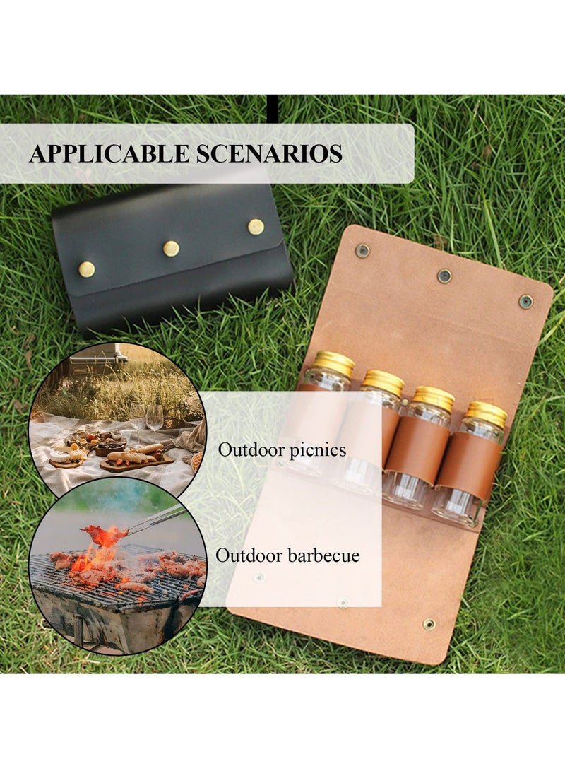 Portable Camping Spice Storage Bag with 4 Jars, Set Kit, Outdoor Containers, PU Leather Seasoning Condiment Organizer for Travel Hiking BBQ