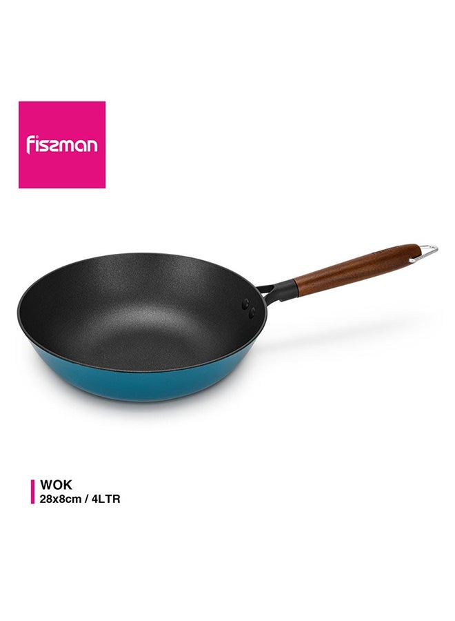 Wok Pan With Wooden Handle Enamelled Cast Iron 4 Liters Multi Purpose Stock Pots Saucepan Cookware For Kitchen And Dining Room L 28 X W 8 Cm Blue