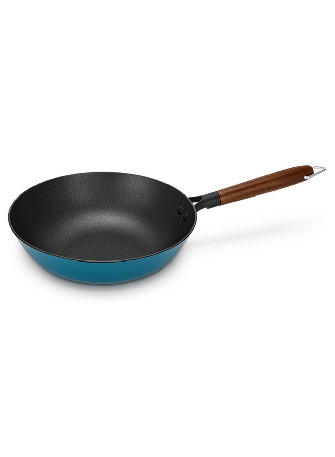 Wok Pan With Wooden Handle Enamelled Cast Iron 4 Liters Multi Purpose Stock Pots Saucepan Cookware For Kitchen And Dining Room L 28 X W 8 Cm Blue