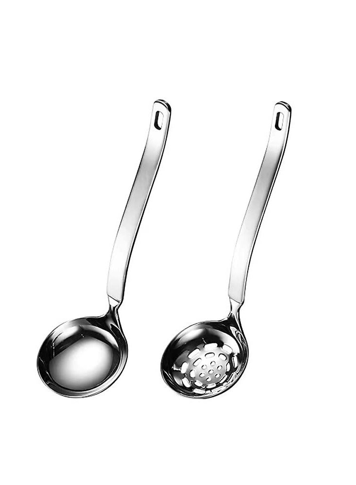 Soup Ladle Skimmer Slotted Spoon Set, 2 Pcs Metal SUS304, Stainless Steel Ladles and Colander Small Ladle, for Serving Gravy Hot Pot Or Restaurant
